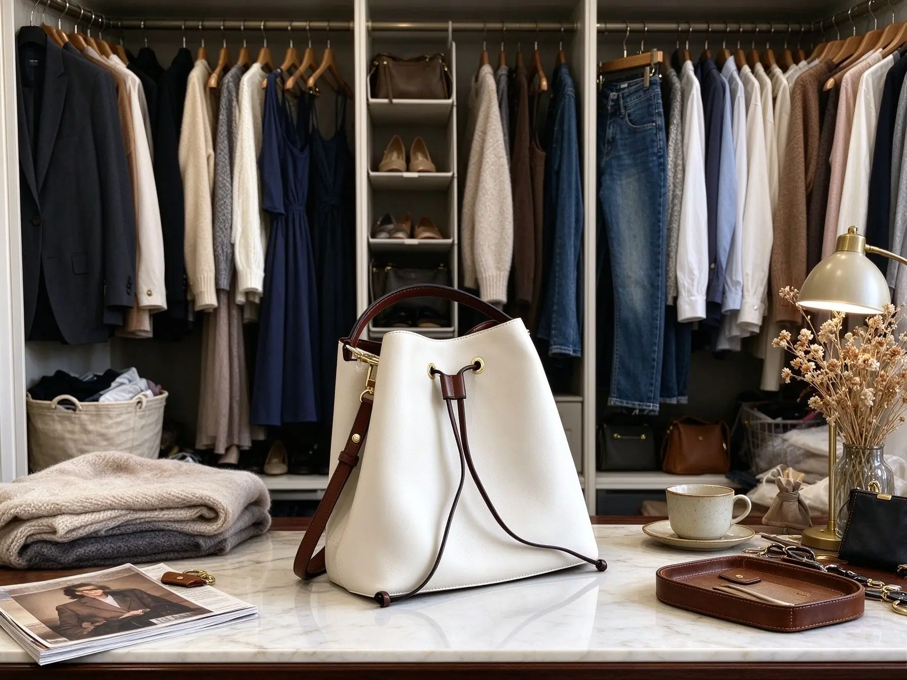 Women White Drawstring Bucket Bag Contrast‑brown Leather Trim Large‑capacity Top‑handle Adjustable Crossbody Shoulder Ladies Purse