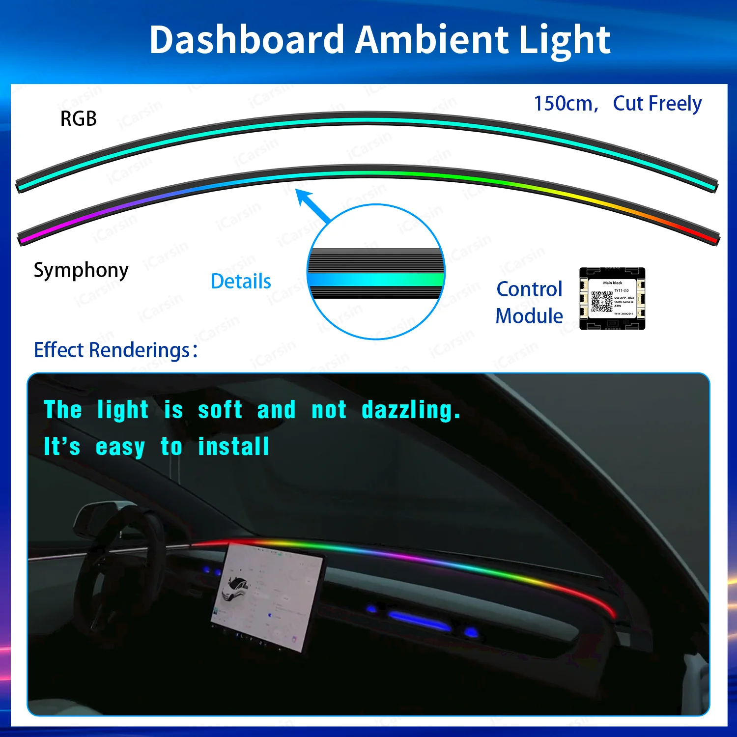 Universal dashboard ambient light under the windshield is 150 cm long, suitable for interior lighting accessories of all vehicle