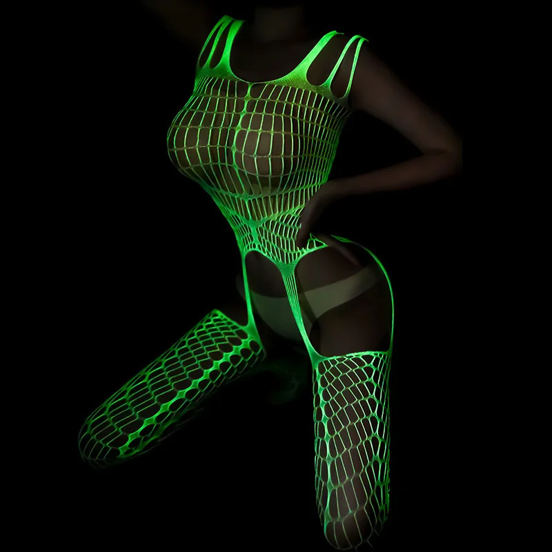 Women Luminous Sexy Erotic Lingerie See Through Hollow Out Net Clothing Wedding Honeymoon Bodysuit Mesh Dress Lace Underwear