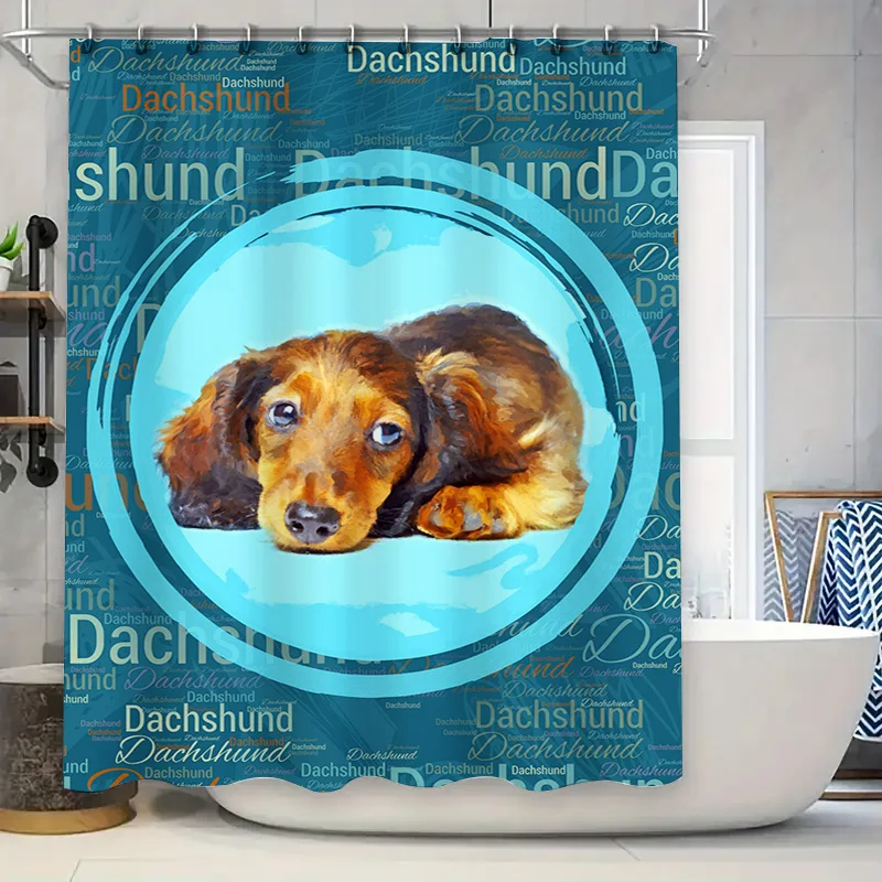 

Adorable Dachshund Shower Curtain Blue Background with Red Furry Dog Design for Bathroom Decor Includes Hooks Custom Size Availa