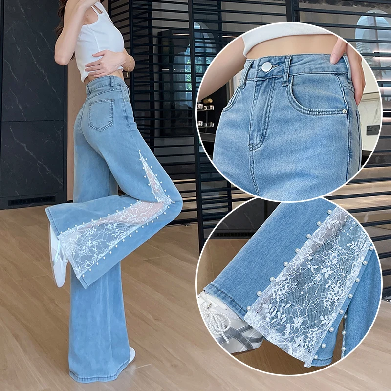 

2025 Spring Summer Women High Waisted Hollow Out Lace Patchwork Pearls Wide Leg Denim Trousers , Woman Casual Jeans Pants