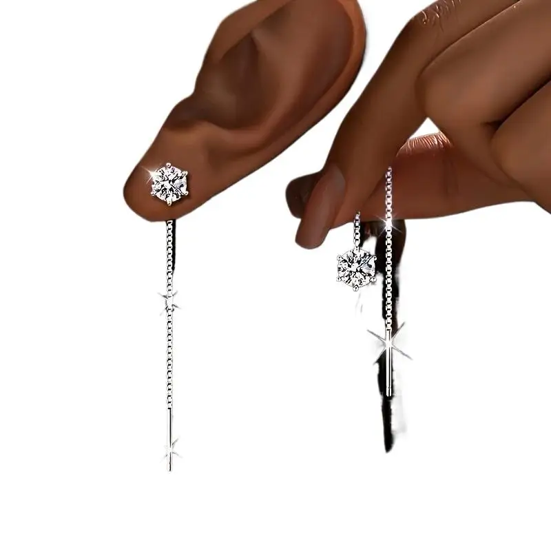 Anti-Tarnish Moissanite Threader Earrings 6mm Round Long Tassel Dangle Shiny Jewelry for Women Daily Office Wear