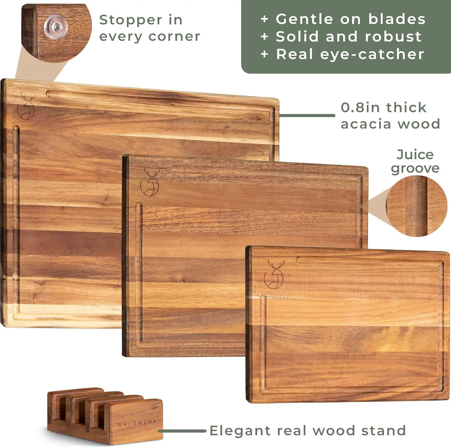 Cutting Board Set (15.75 x 12/13 x 9.5/10 x 7 in) out of Solid Acacia Wood - 0,8 in Thick Cutting Boards