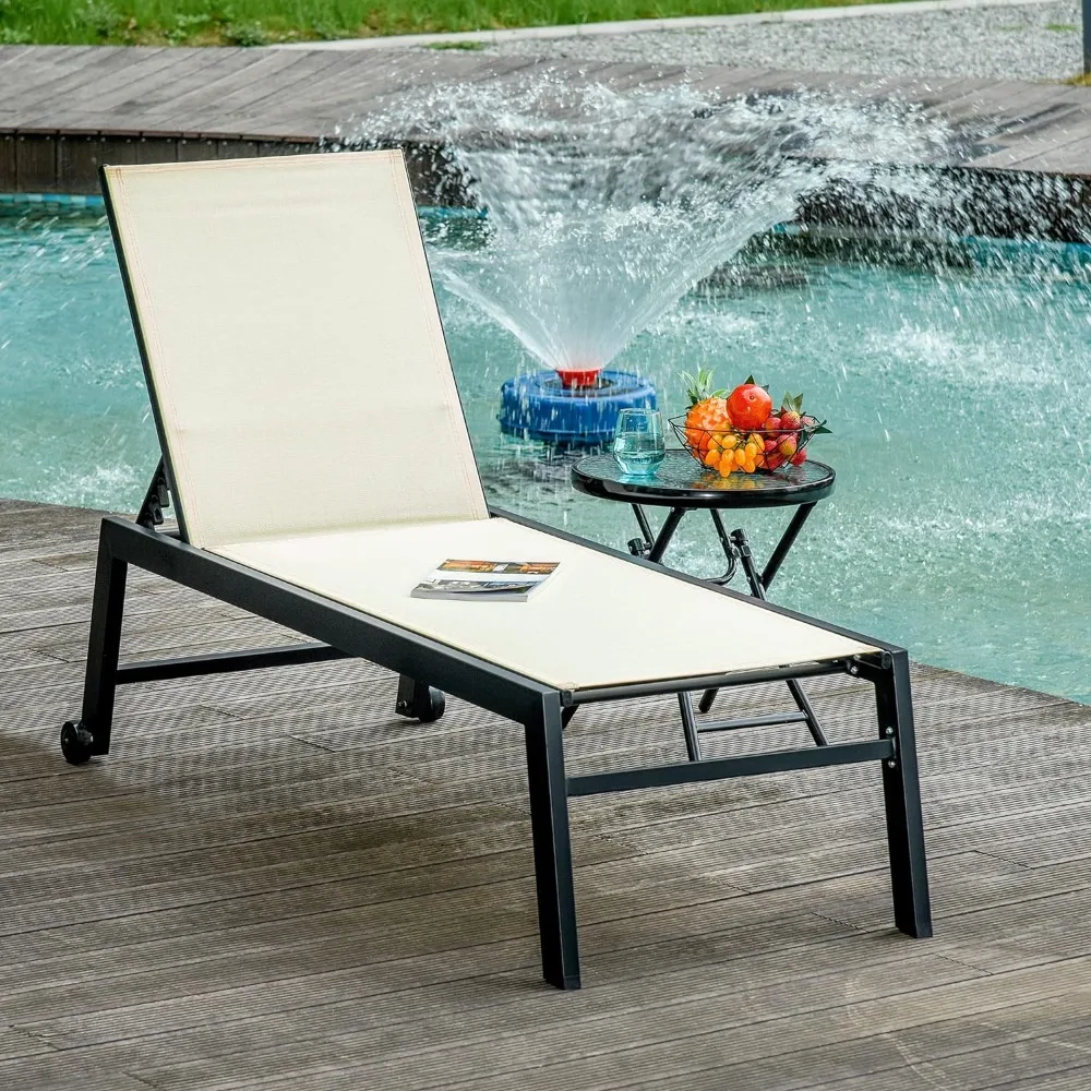 Chaise longue d'extérieur avec roues, fauteuil inclinable à cinq positions pour SunStrong, bronzage au soleil, cadre en acier