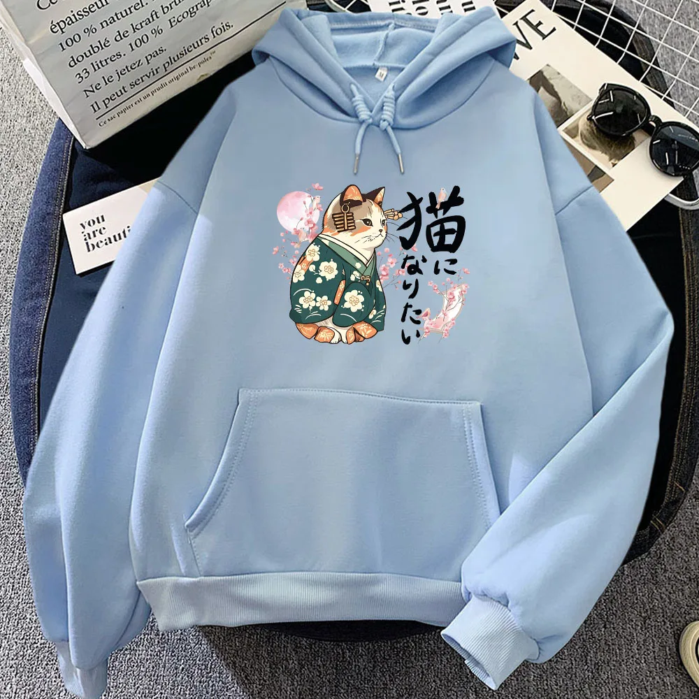 Ukiyoe Style Kanji Cat Printing Hoodies Japanese Blossom Sakura Graphic Sweatshirts Casual Women/Men Clothing Cartoon Pullovers