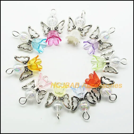 20Pcs Silver Plated Transparent Mixed Acrylic Orchid Flower Bell Angel Charms Pendants 22x25mm