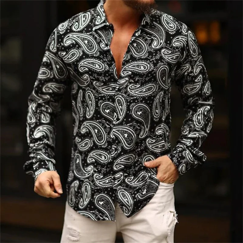 Men's shirt pattern shirt button print long sleeved clothing for daily outings V-neck fashion designer casual and breathable