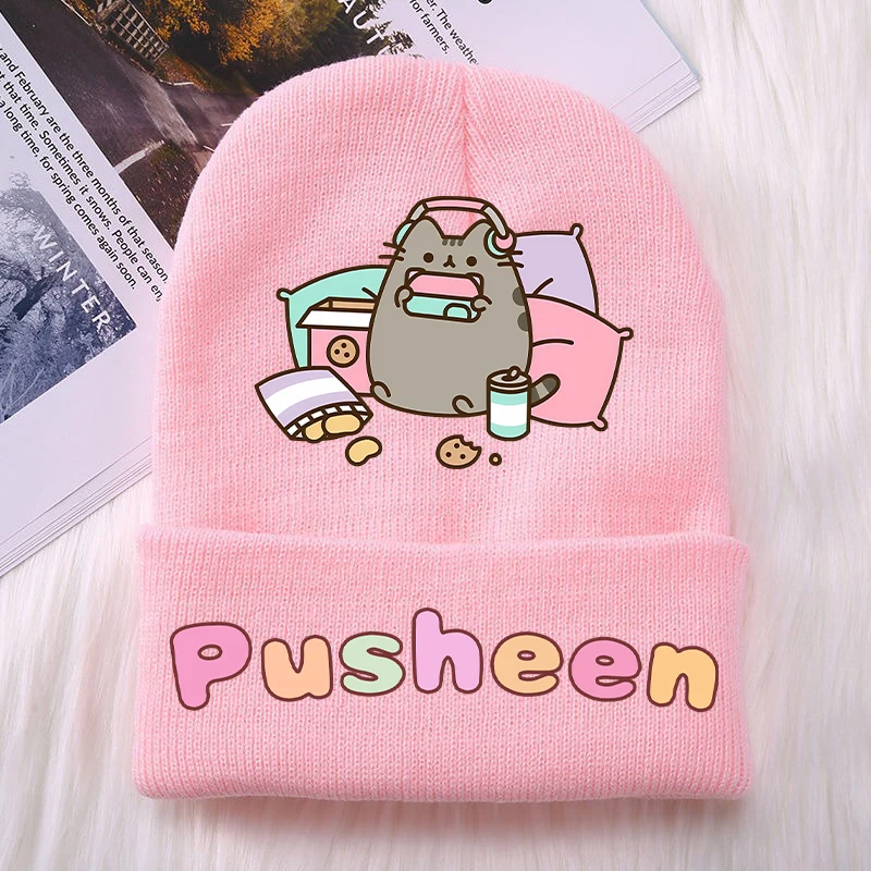 Pusheen Cat Girls czapki z dzianiny dziecięce nakrycia głowy drukowane bawełniane zimowe na zewnątrz śliczna wełniana czapka Cartoon Anime prezent