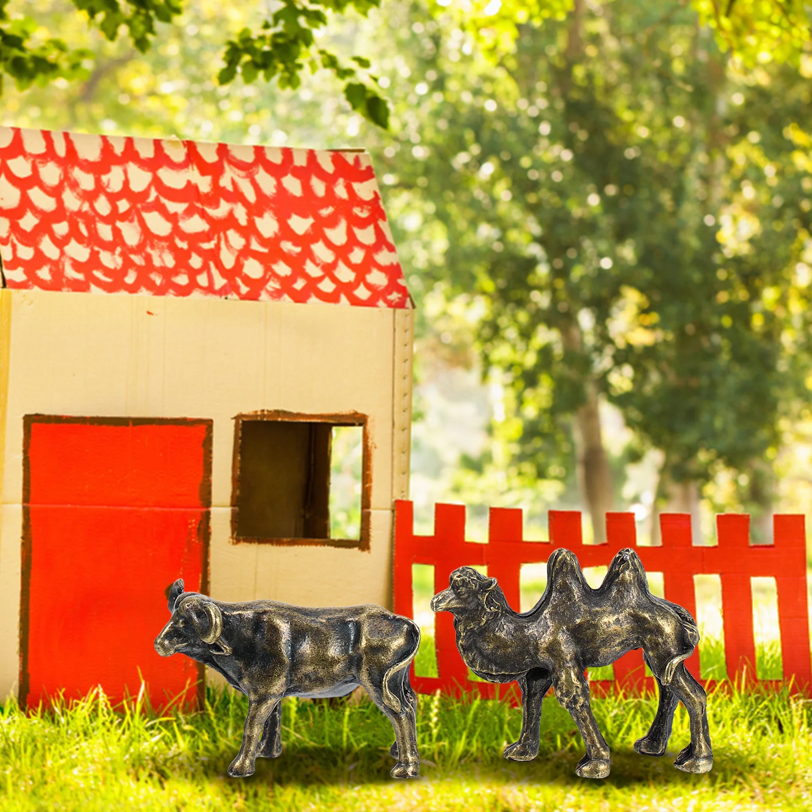 

2Pcs Mini Metal Animal Sculptures Detailed Copper Alloy Micro Landscape Ornaments for Desktop Bookshelf Tabletop Vintage Bull Ox