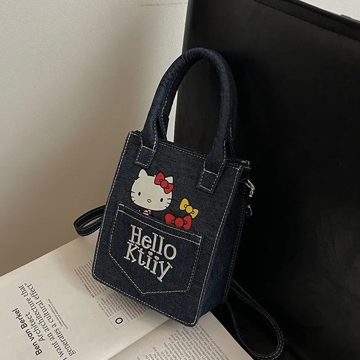 Sanrio Hello Kitty, стильная мини-сумка-тоут, ручная сумка весна-лето 2024, новая джинсовая сумка через плечо, модная сумка на плечо в японском стиле