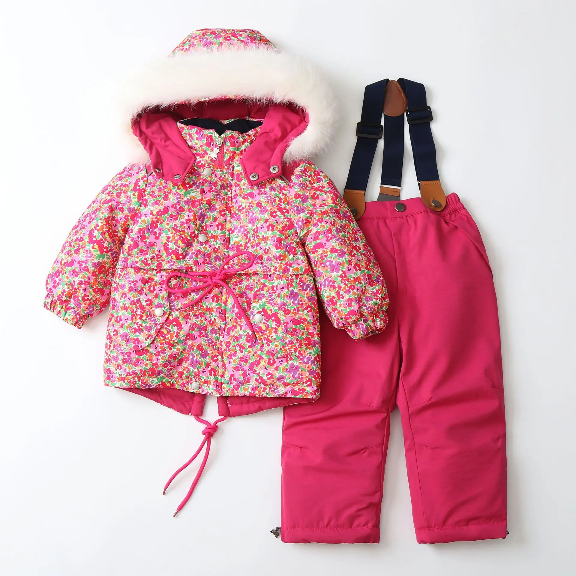 Color-blocked Cotton Children's Ski Suit Waterproof Set For Girls Outing Clothes 2 Pieces Winter New Style Kids Clothes Gir