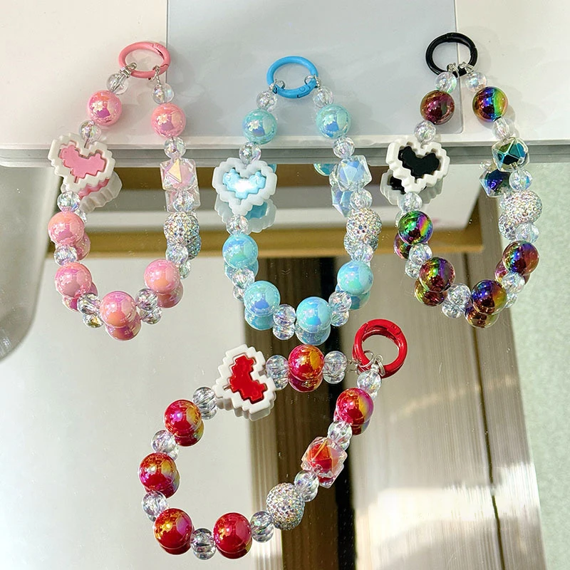 Colorful Bead Heart Phone Chain Pendant For IPhone For Smart Phone Rope Strap Key Ring Bag Decoration