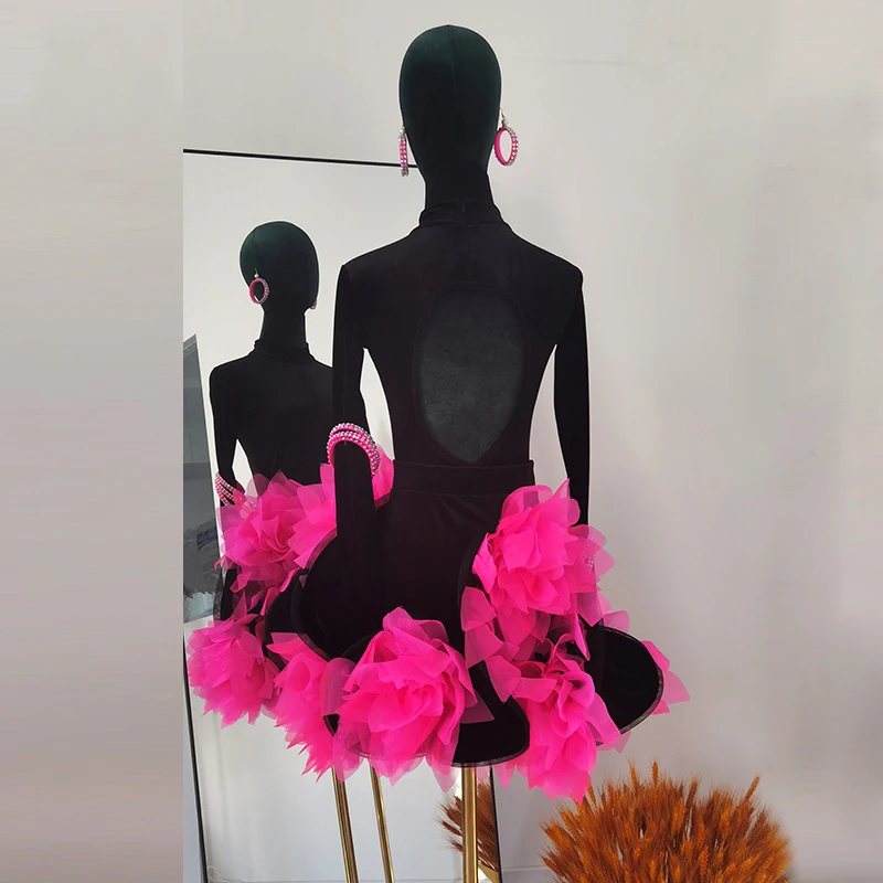 Children'S National Standard Ballroom Dance Professional Dresses Girls Black Velvet Latin Dance Costume Stage Wear SL11155