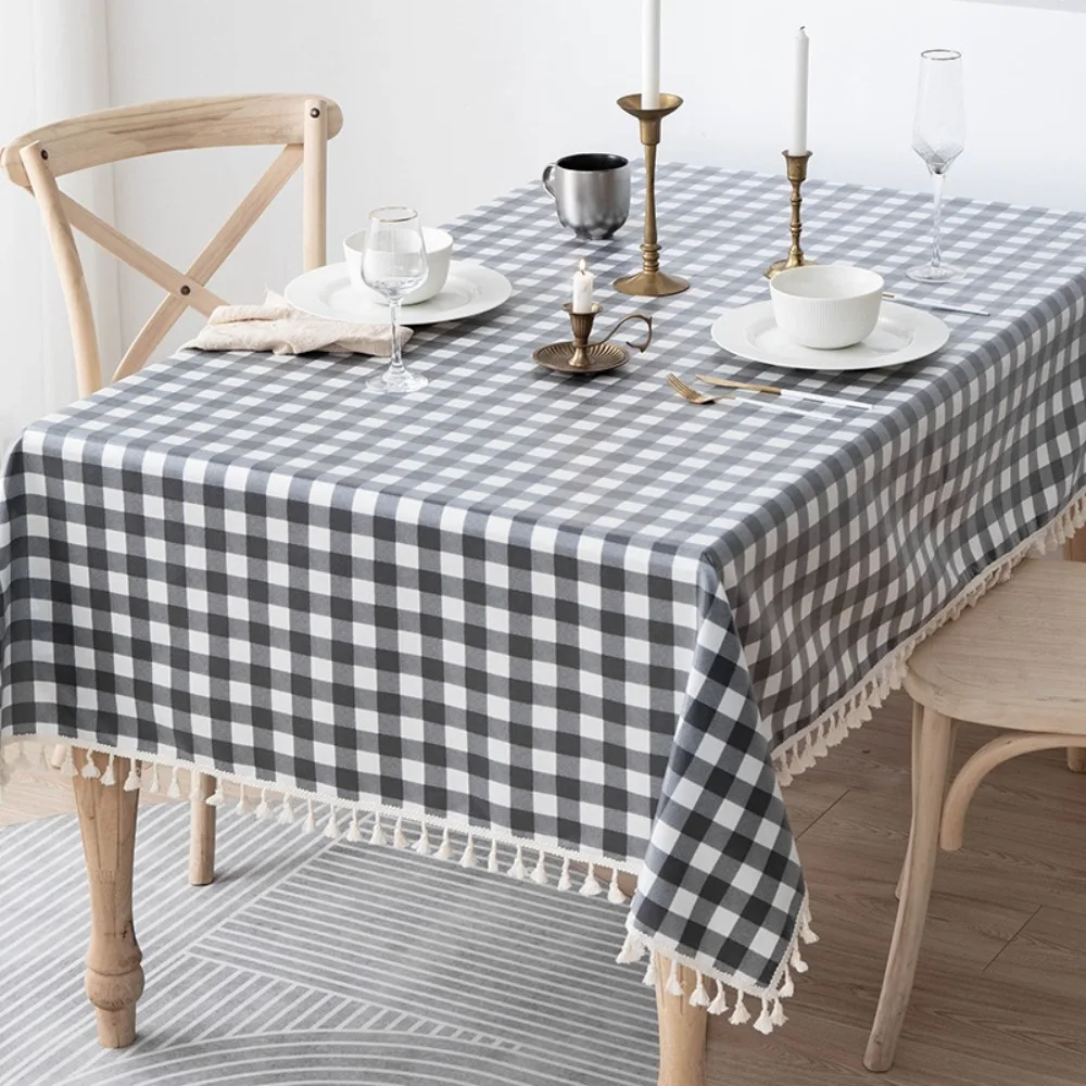

Household Linen Plaid Tablecloth Waterproof Pastoral Style Table Cover Antifouling with Tassel Table Runner Dining Room