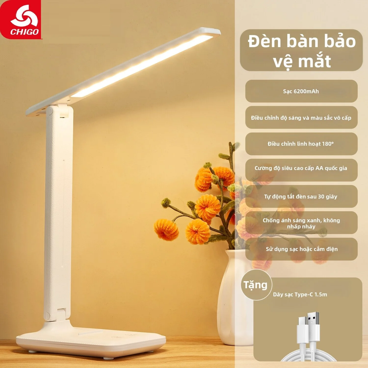 Chigo | Đèn Bàn Chống Cận Cho Học Sinh Có Thể Sạc và Cắm Điện