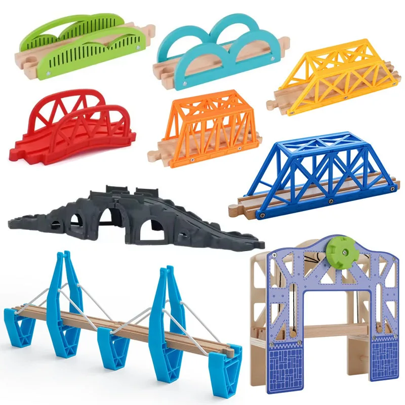 Todo tipo de puentes de madera, accesorios para vías de tren de madera, puente colgante compatible con vías de tren de madera de marca, juguetes para niños