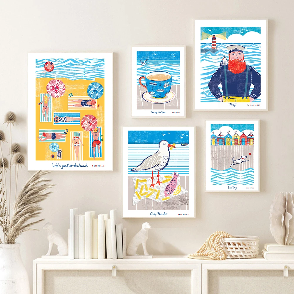 Beach Sunbathing Dog Cartoon Art Print Poster Nautical Illustration Navy Seascape Abstract Canvas Painting Kid Room Home Decor