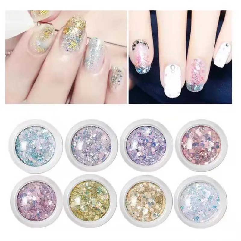 

6/8Pcs Mermaid Nail Iridescent Glitter Flakes 3D Holographic Pigment Nail Sequins Chunky Glitter Hexagon Cosmetic Loose Glitter