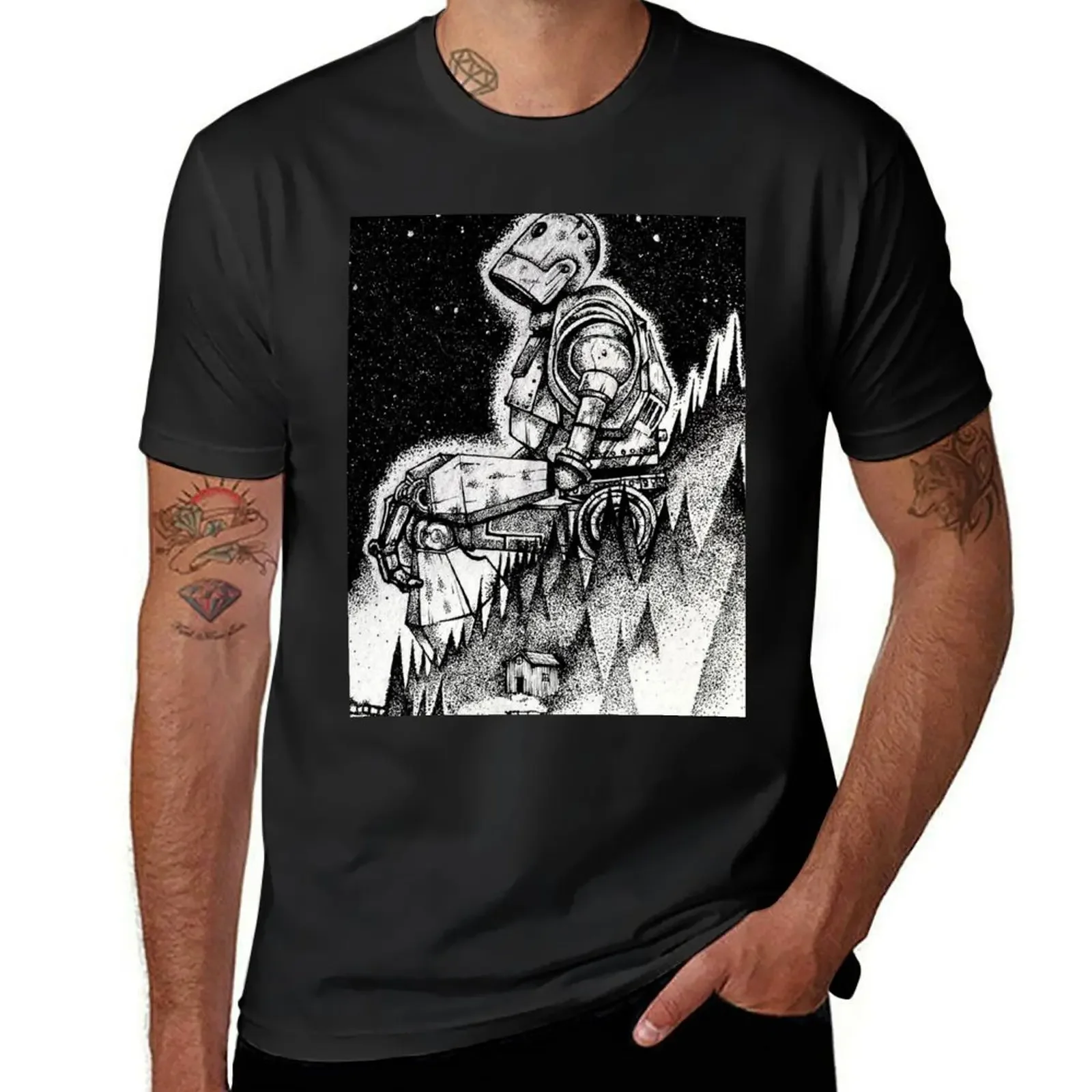 The Iron Giant poster starry night, iron giant pointillism T-Shirt street wear oversized graphic tee mens tall t shirts