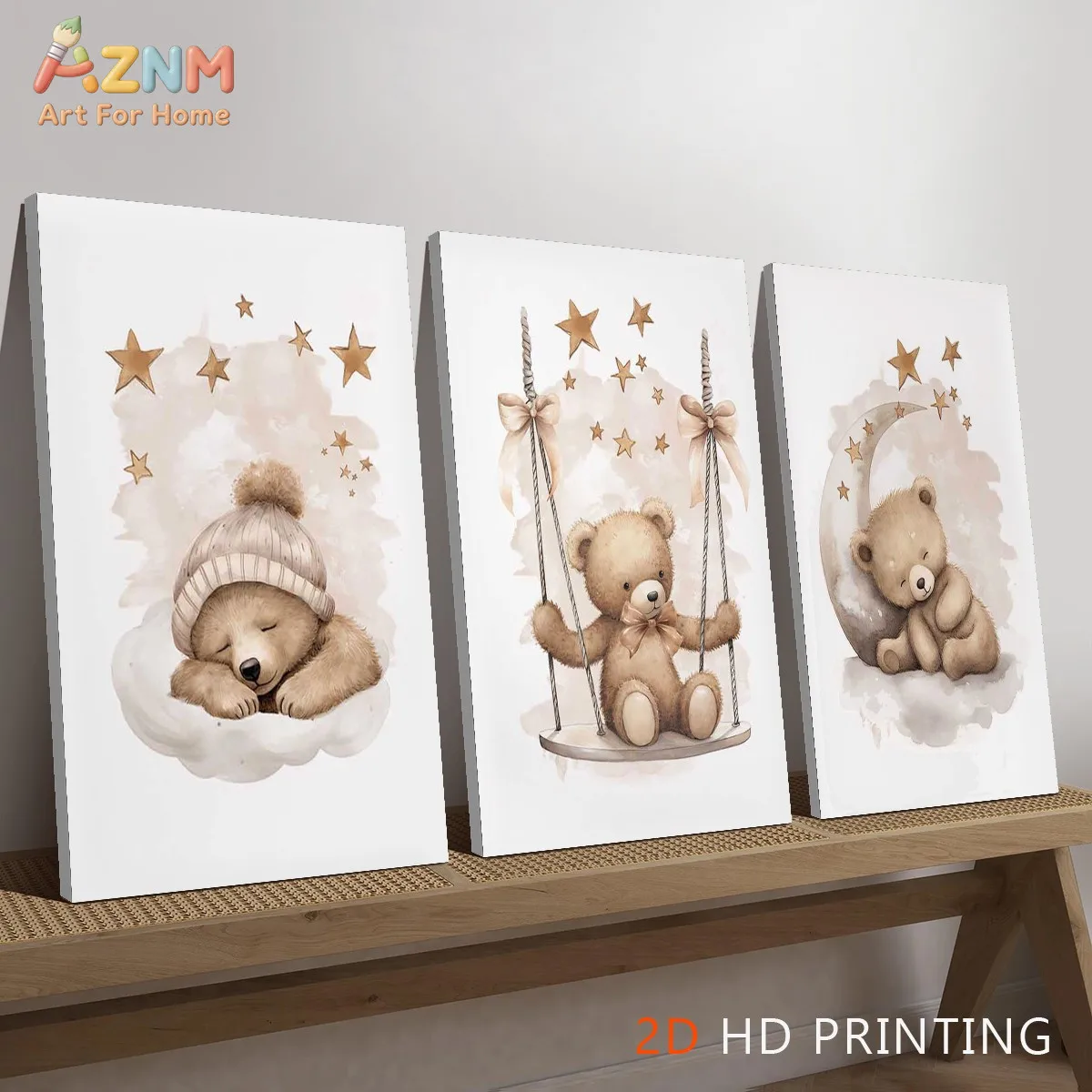 AZNM Watercolor Cute Sleeping Teddy Bear Swing Moon Star Canvas Wall Art, Nursery Boho Bear Print Poster, Unframed Single Piece
