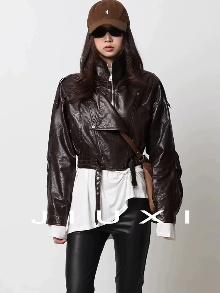 

Women Street Genuine Sheepskin Leather Moto Biker Style Short Cool Girl Jacket Coat Autumn Real Leather Motorcycle Jacket