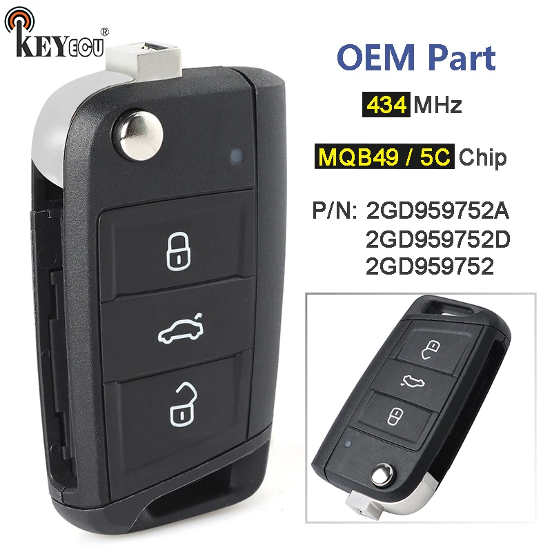 KEYECU 434MHz MQB49 / 5C Chip 2G6 959 752 / 2G6 959 752 A / D OEN Parts Flip Remote Key Fob for Volkswagen Golf Polo 2017-2021