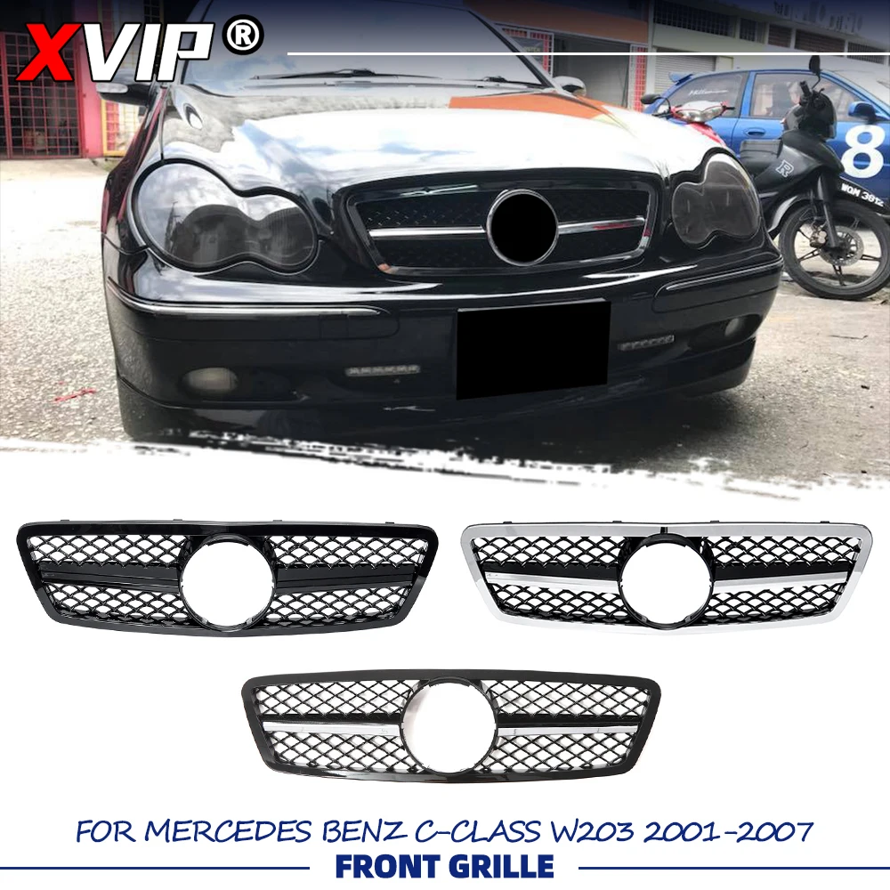 

XVIP Glossy Black A - Style Bumper Grille Silver Upper Grille For Mercedes Benz C-Class W203 01-07 C200 C230 C240 C280 C320 C350