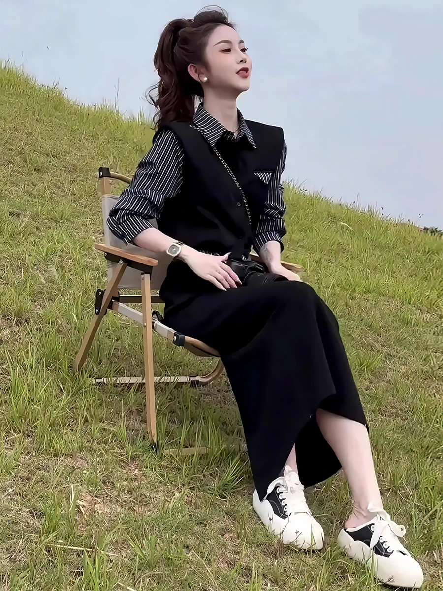 Lente 2025, damesset met hoge taille, gestreept irt-vest en rok, Faion-ontwerp, vals tweedelig pak voor kleine dames