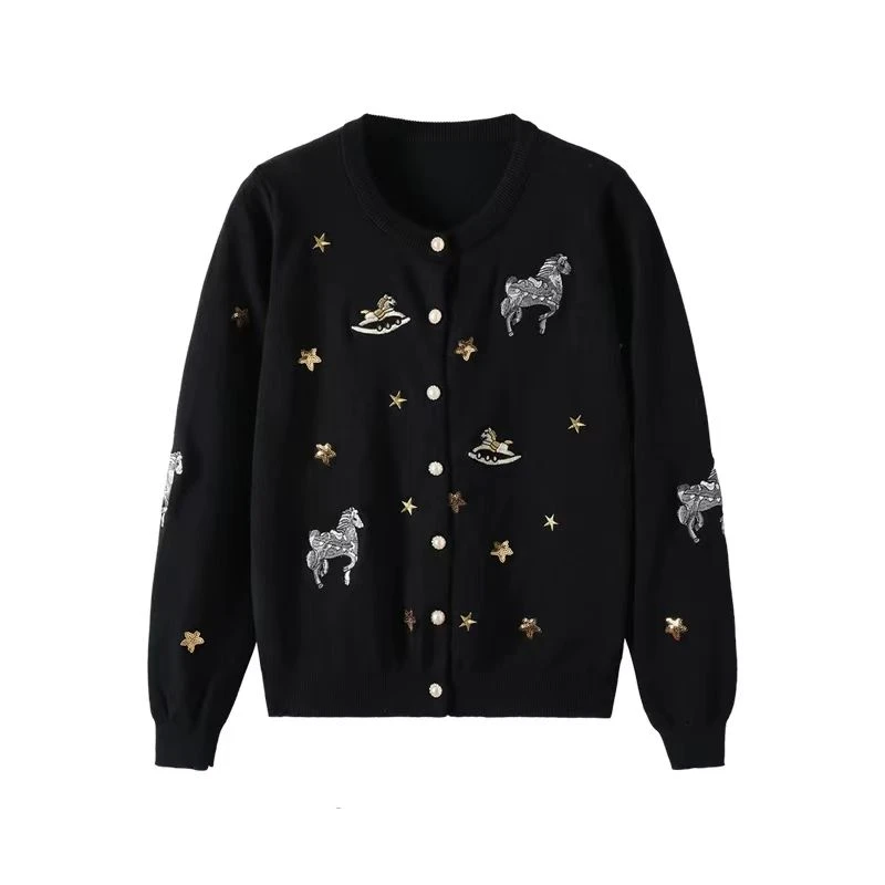 

Autumn Winter Women's Embroidery Knitwear Pearl Buttons Fashion Shiny Star Horse Embroidery Sweater 2024 New