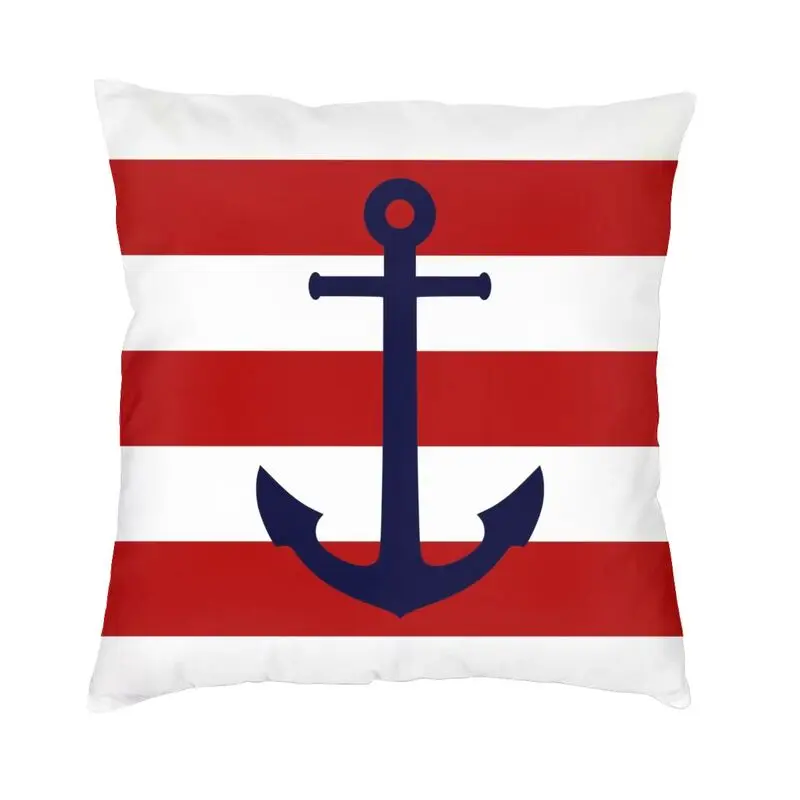 Nautical Navy Blue Anchor On Red Stripes Cushion Cover Double Side Sailing Sailor Throw Pillow Case Pillowcase Home Decorative