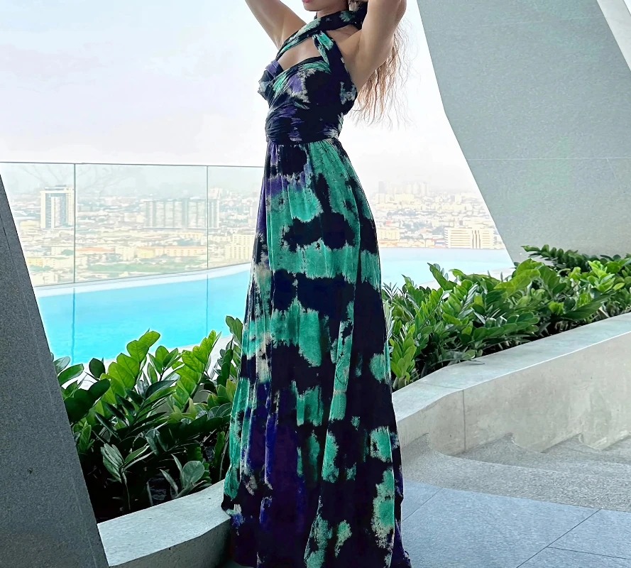 Women's Dress Elegant Sexy Summer Vacation Fashion Basic Tie Dye Print Strap Sleeveless A-line High Waist Backless Long Dress