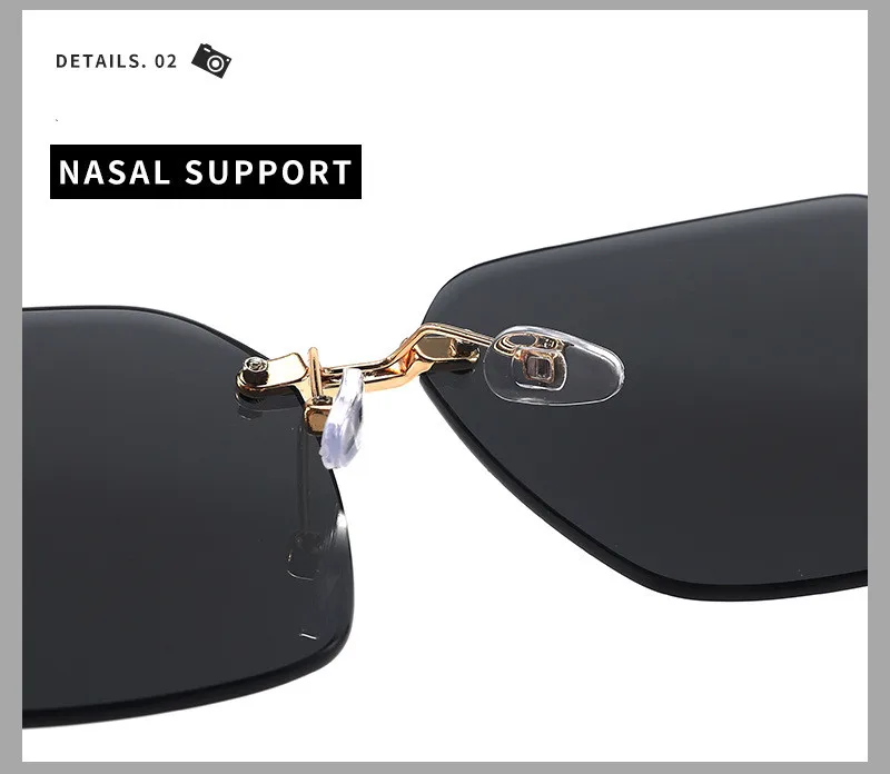 Damen-Sonnenbrille im neuen Stil, rahmenlos, mit geschliffenen Kanten, kleine, elegante Sonnenbrille DS-2448, modische Brille für Damen – Detail 6
