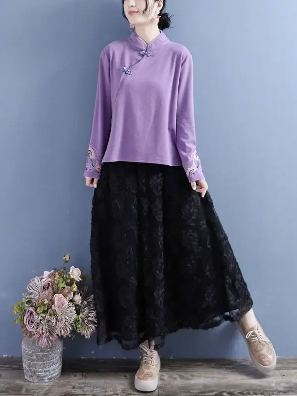 Camisa Casual Feminina de Veludo Dupla Face com Gola Alta Bordada e Aquecimento Automático para Cerimônia do Chá