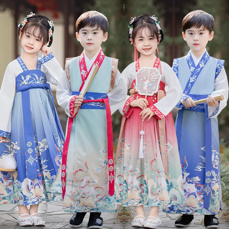

Новый детский комплект Hanfu-китайский костюм Тан для мальчиков и девочек, традиционное платье Scholar, костюм Тан Hanfu для детей