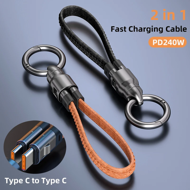 240W USB C Fast Charging Cable USB4.0 Portable Keychain Leather Lanyard Data Cable 2 in 1 Type C to C Charger Cord for Phone