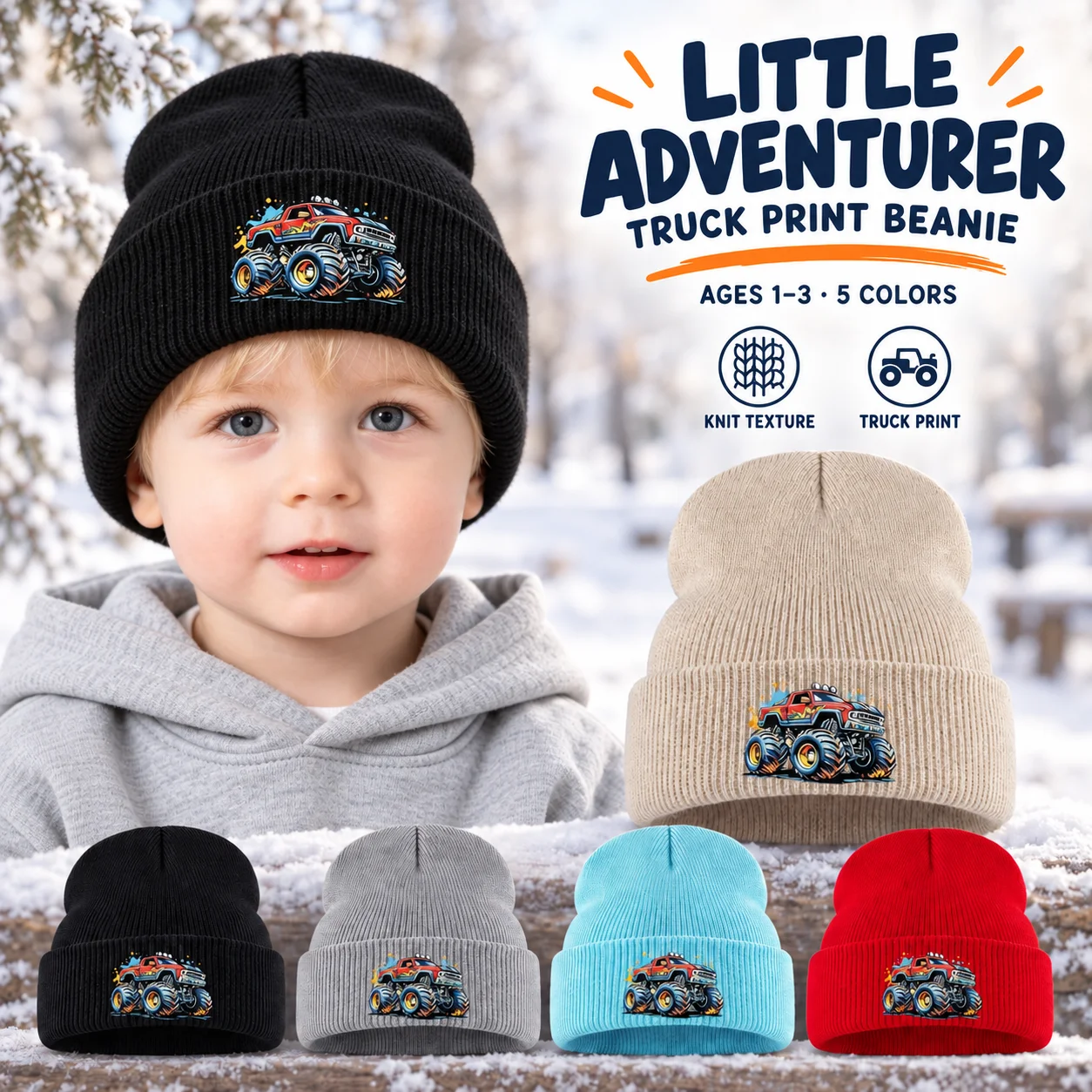 Cool Boys Outfit Knit Cold Hat 1‑3Y Monster Truck Cartoon Print Toddler Knitted Beanie Playtime Children Head Cap