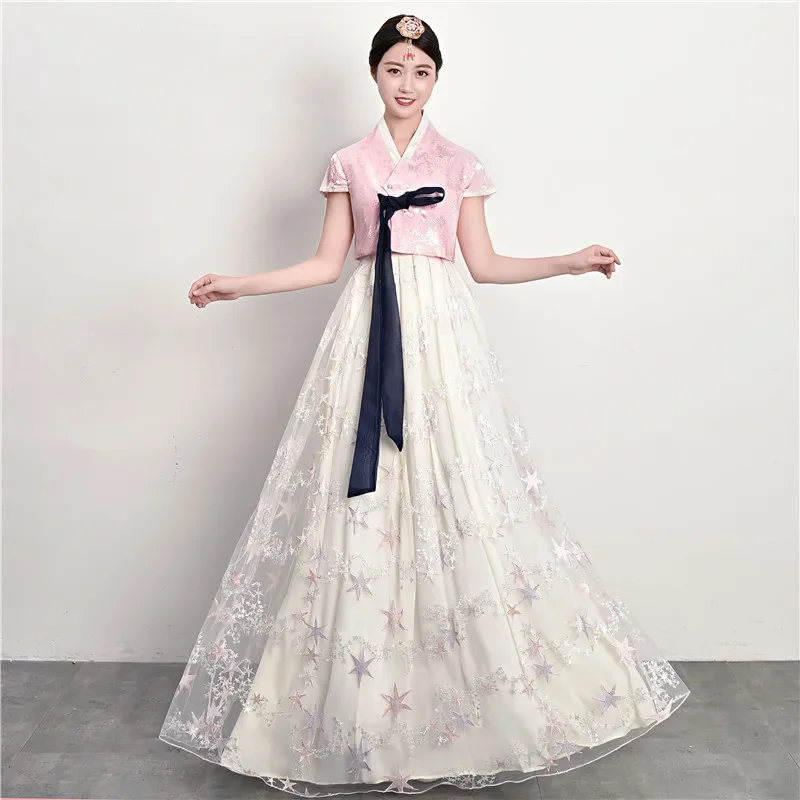 Korean Traditional Palace Female Hanbok Costume Short Sleeve Minority Dance Performance Dress Elegant Princess Wedding Party