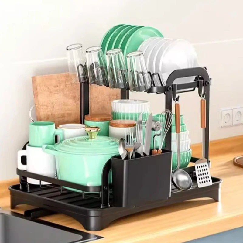 

Kitchen Organizer with Drain Basket Countertop Dinnerware Organizer Drainboard 2 Tier Dish Bowl Drainer Storage Rack