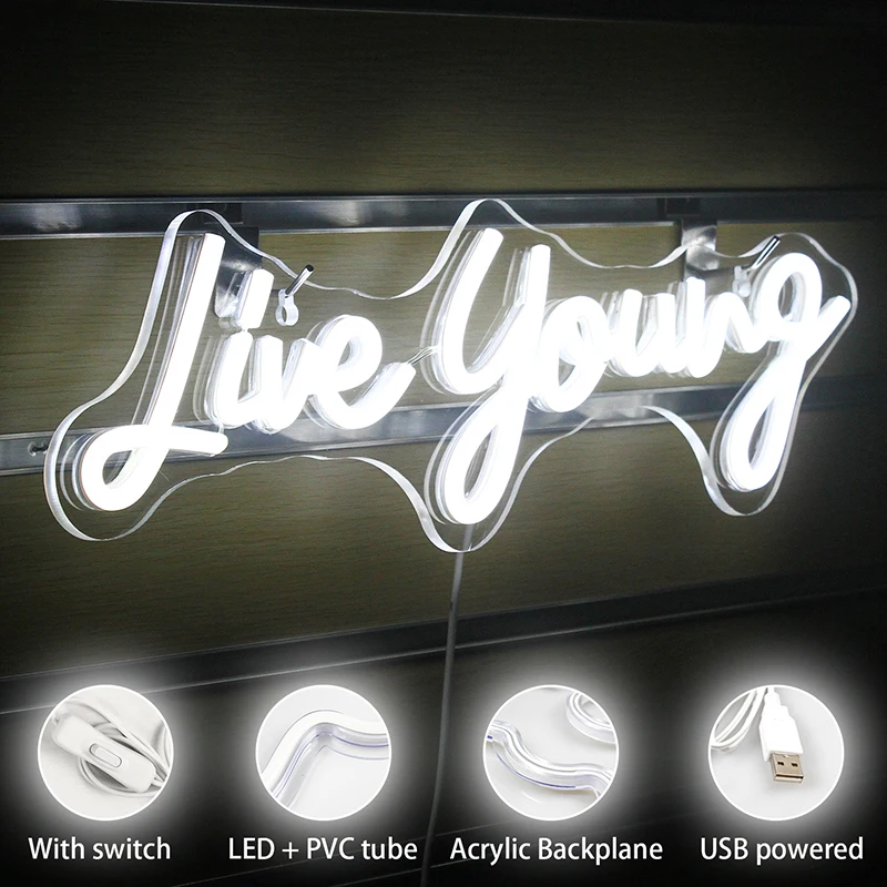 Live Young Neon Sigh Inspire Spirit Letter LED Lights Estetyczny wystrój pokoju na imprezę Wesele Dom Bar Wisząca lampa ścienna Prezent