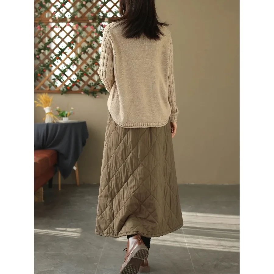 Saia Longa Fena Retrô de Aodão sso, Modelo Evasê Reto, com Estampa de Diamantes, Estilo Casual para o Dia a Dia, Efe...