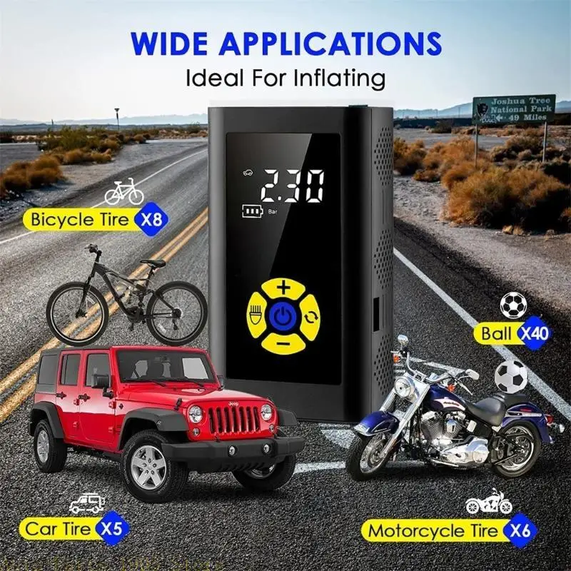 

Портативный воздушный компрессор, электрический автомобильный насос, автоматический насос для накачивания шин мотоцикла, цифровой манометр, обнаружение со светодиодной лампой