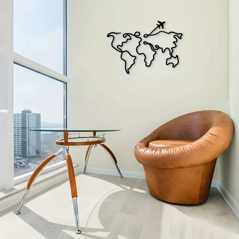 قطعة واحدة من نحت جدار معدني على طراز آرت ديكو، تصميم طائرة يطير حول العالم، فن جداري معدني حديث لغرفة المعيشة والمكتب