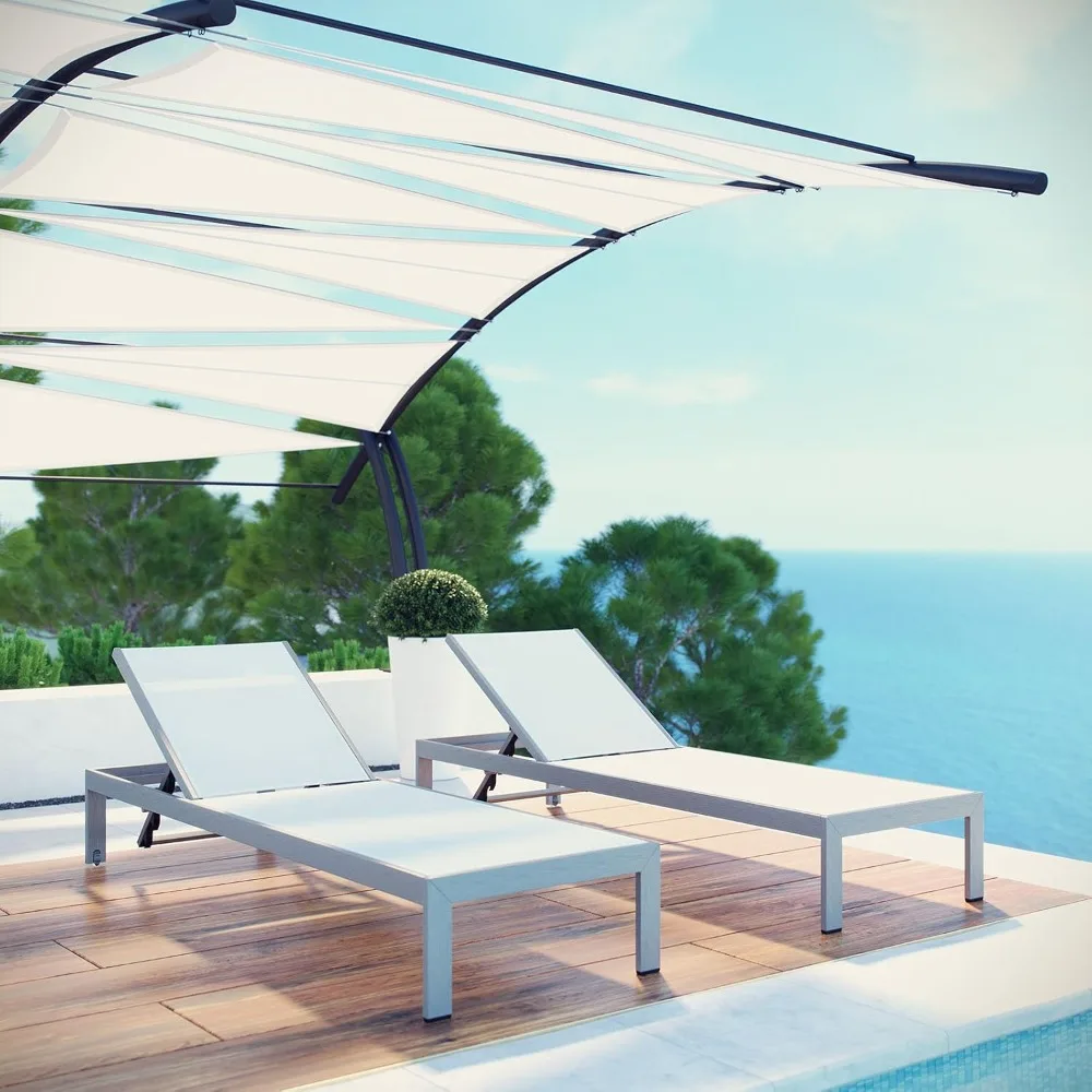 

Outdoor Patio Two Poolside Chaise Lounge Chairs in Silver White, Customized