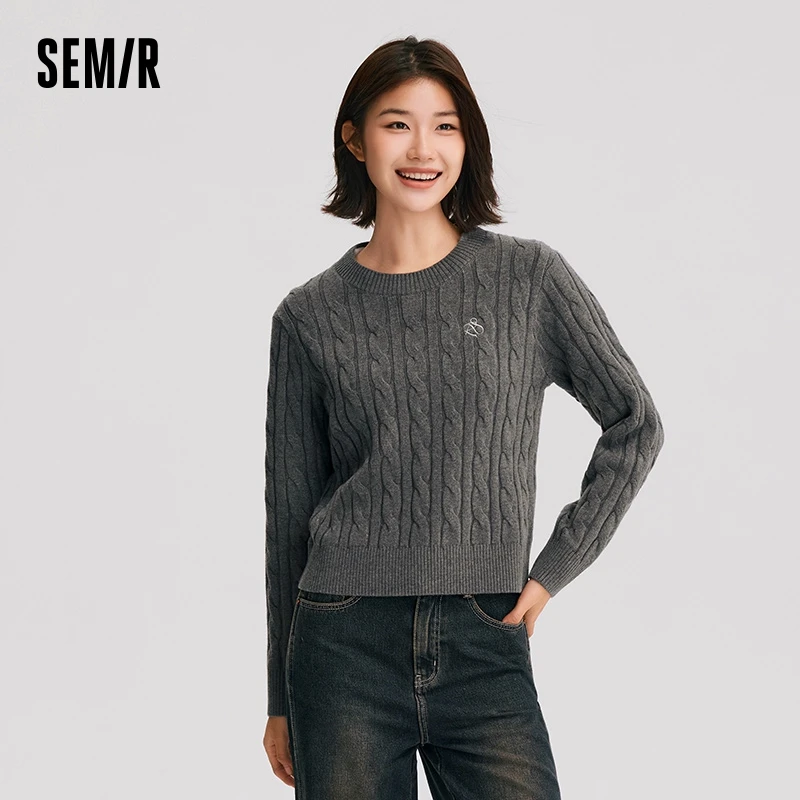 Semir Sweater Women Twist Flower Gentle Loose 2024 New Winter Round Neck Embroidery Versatile Pullover Sweater