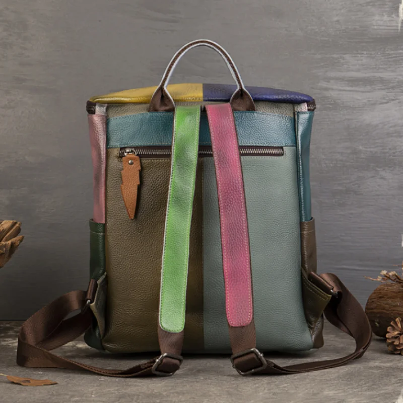 Color Block Genuine Leather Backpack Fashion Travel Bag for Girls Anti-Theft Lap Top Bags Large Capacity Schoolbag