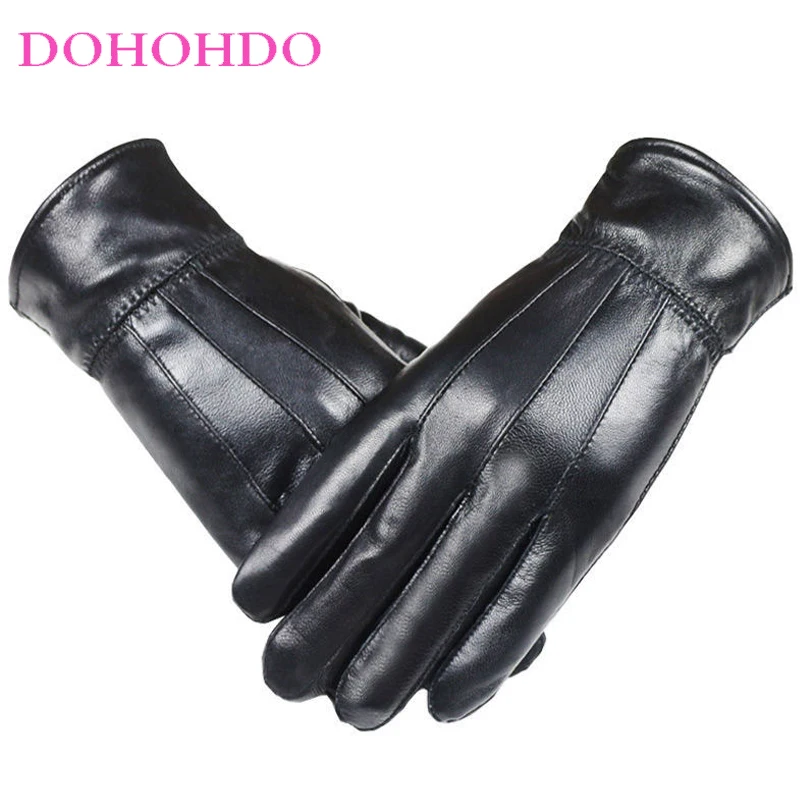 

Men's Winter Sheepskin Black Leather Gloves Men's Velvet Warm Waterproof Windproof Outdoor Driving Motorcycle Gloves Handschuhe