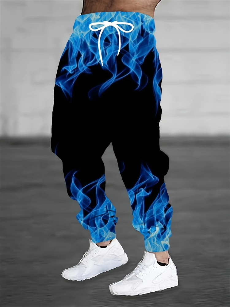 

New Men's Fall Drawstring Casual Pants Stylish Flame Print Straight-Leg Pants Men's Loose-Fit Comfortable Rolled-Cuff Pants