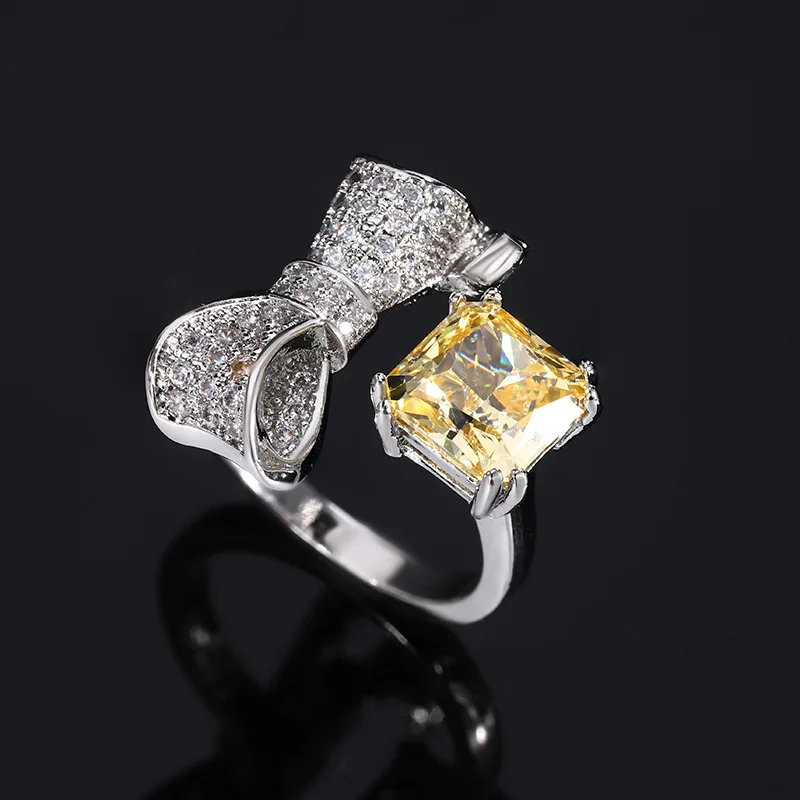 Lichte Luxe Strik Vierkant Wrap Ring Voor Vrouwen 925 Stempel Geel Ijs Gesneden Luxe Opening Ring Verjaardag Bruiloft Sieraden Cadeau