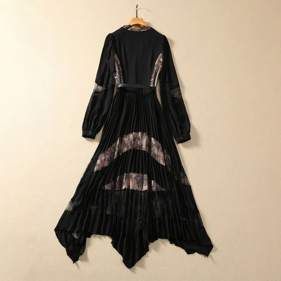 Autumn Fashion Designer Black Vintage Spliced Dress Women V Neck Long Sleeve Lace Sashes Gathered Waist Slim Long Dress