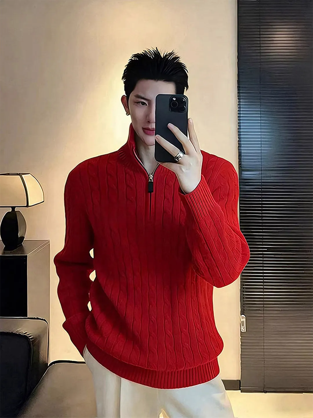 

Red High Collar Knitted Sweater Men's Autumn Winter f Zip Base irt Luy Year Pattern Cleanfit Sle Ciwalk Casual Wear